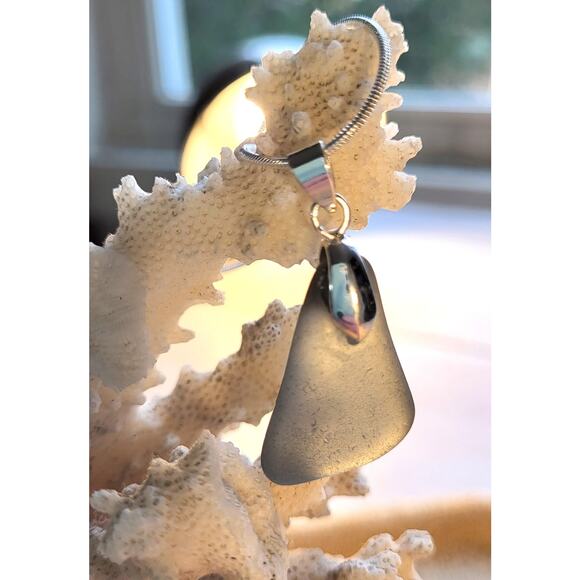 Rare Dark Gray Authentic Genuine Sea Glass Necklace Sterling Silver - Picture 5 of 5